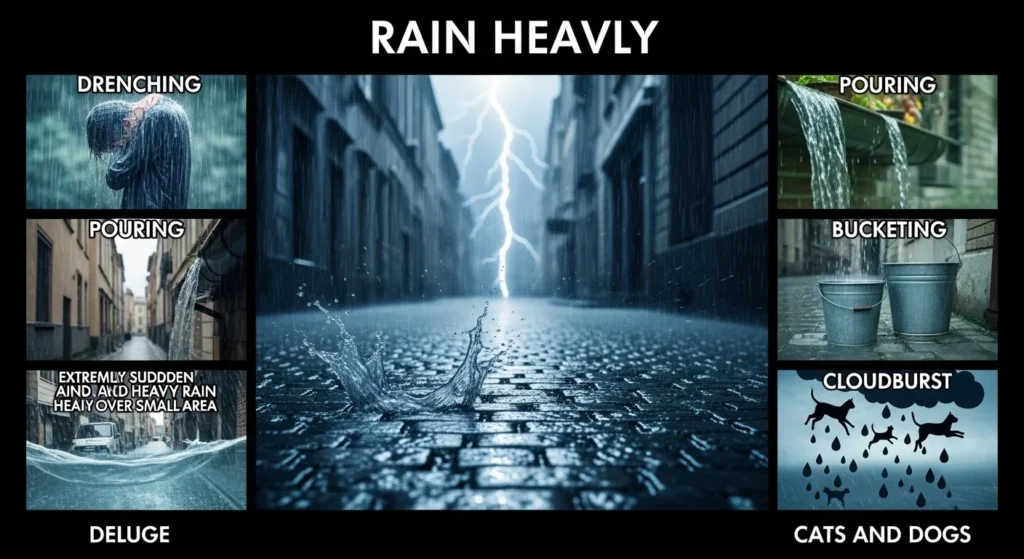 Synonyms of Rain Heavily